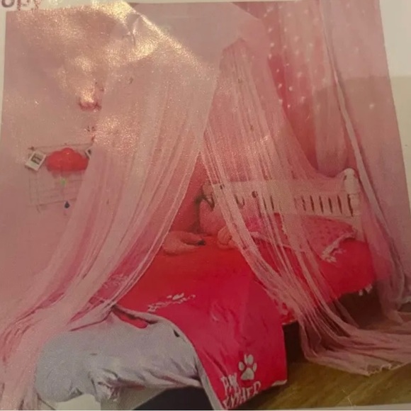 Pink Bed canopy with LED string lights - Picture 1 of 4